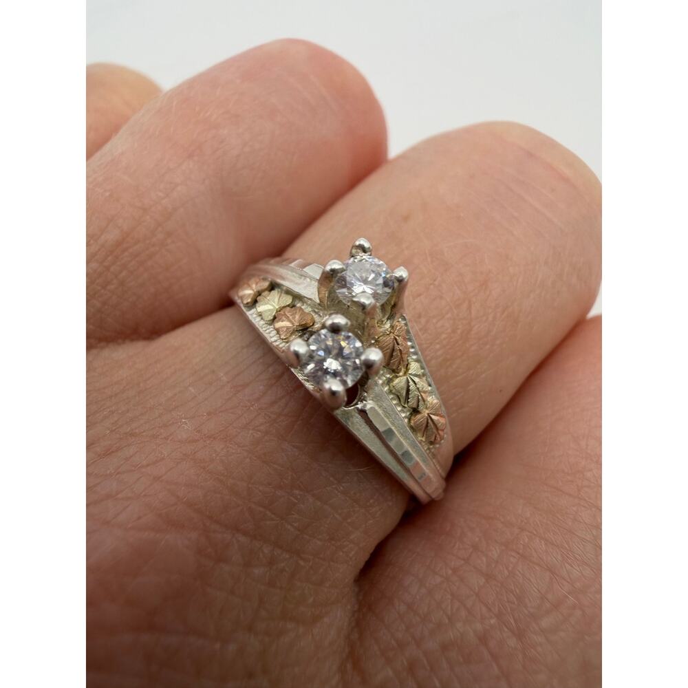 C.Co Black Hills Gold 12K & 925 Silver Double Solitaire CZ Ring Sz 8 - Picture 2 of 8